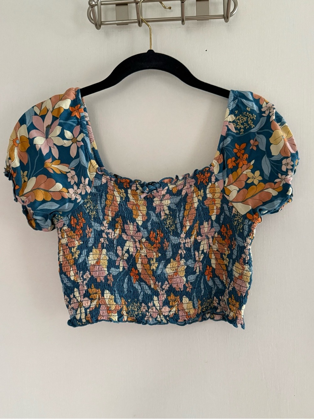 aerie Blue Floral Smocked Puff Sleeve Crop Top Size XS